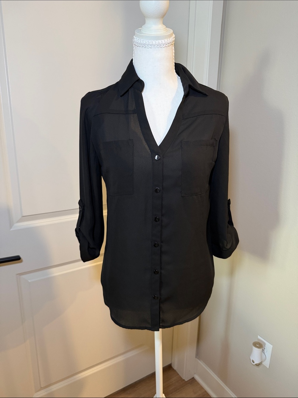 BCX Black Sheer Button-Down Blouse